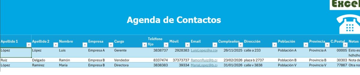Agenda de contactos en Excel