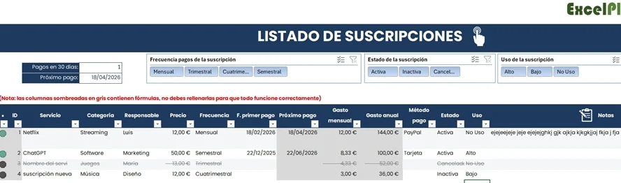 plantilla Excel para controlar suscripciones y gastos mensuales