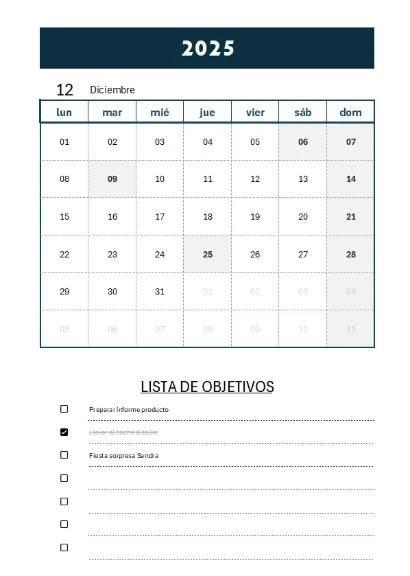 Calendario mensual en Excel con días organizados para imprimir