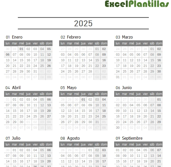 Vista de calendario anual en Excel con meses y días organizados