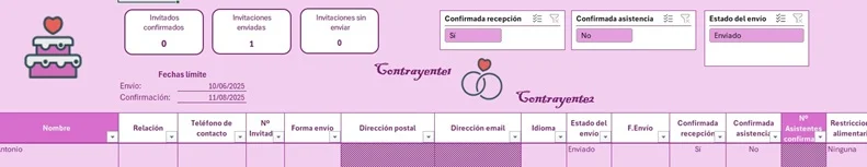 Ejemplo de control de invitaciones de boda en Excel con estado de asistencia