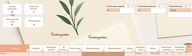 Ejemplo de lista de invitados de boda en Excel con confirmación de asistencia