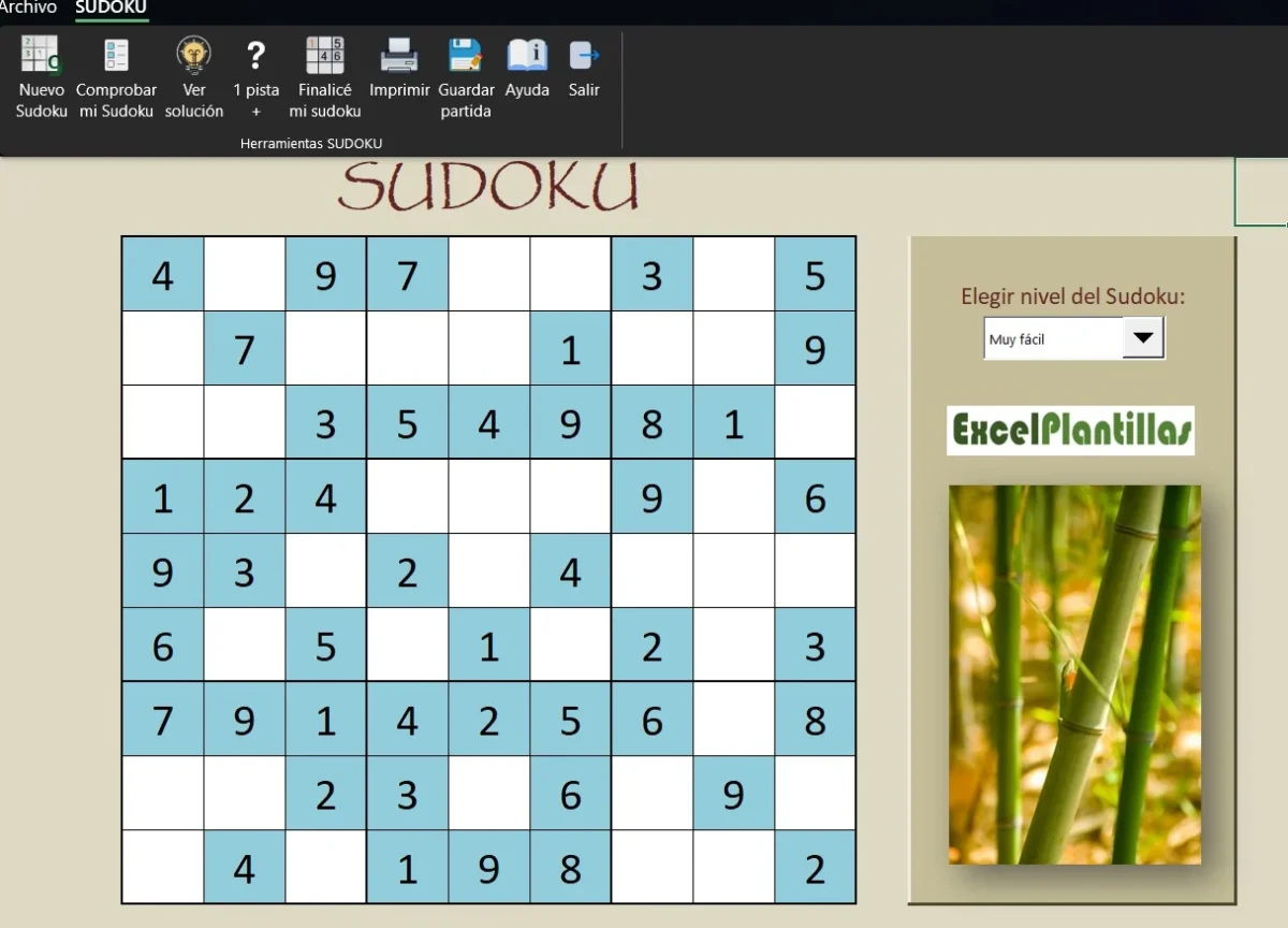 Tablero de sudoku en Excel con números y celdas para completar el juego