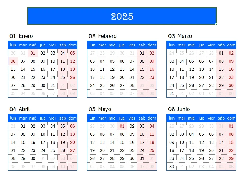 Ejemplo de calendario perpetuo anual en Excel con todos los meses en una sola hoja