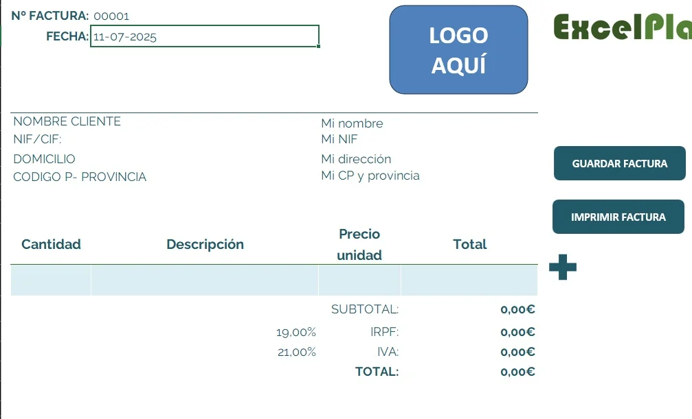 ejemplo de factura en Excel con datos de cliente, conceptos y total