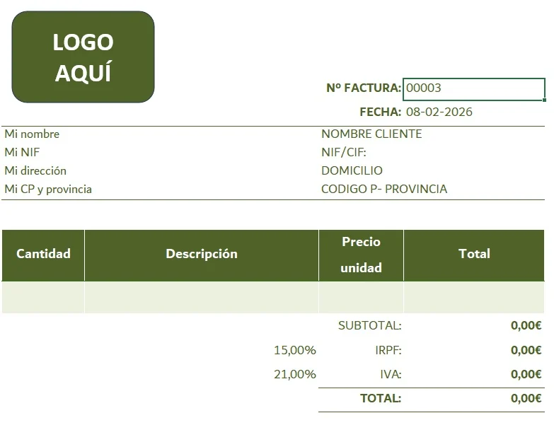 ejemplo de factura en Excel con datos de cliente, conceptos y total