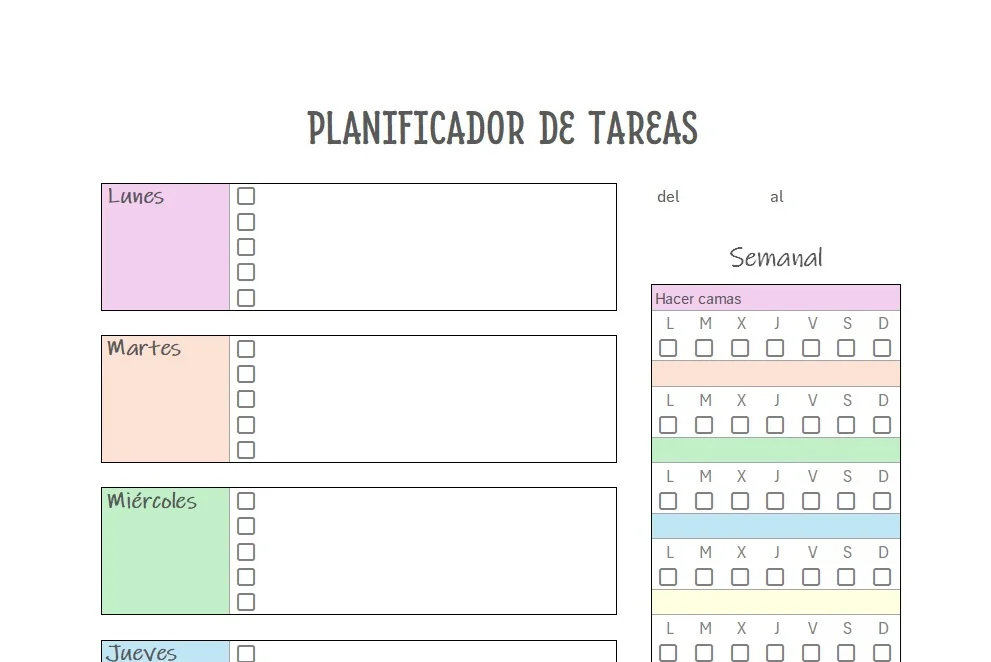 tabla de planificación semanal de tareas del hogar en Excel